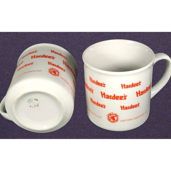 Set of 2 Hardees Caution! Contents Hot Coffee Cup Mug White Orange - Picture 8 of 12